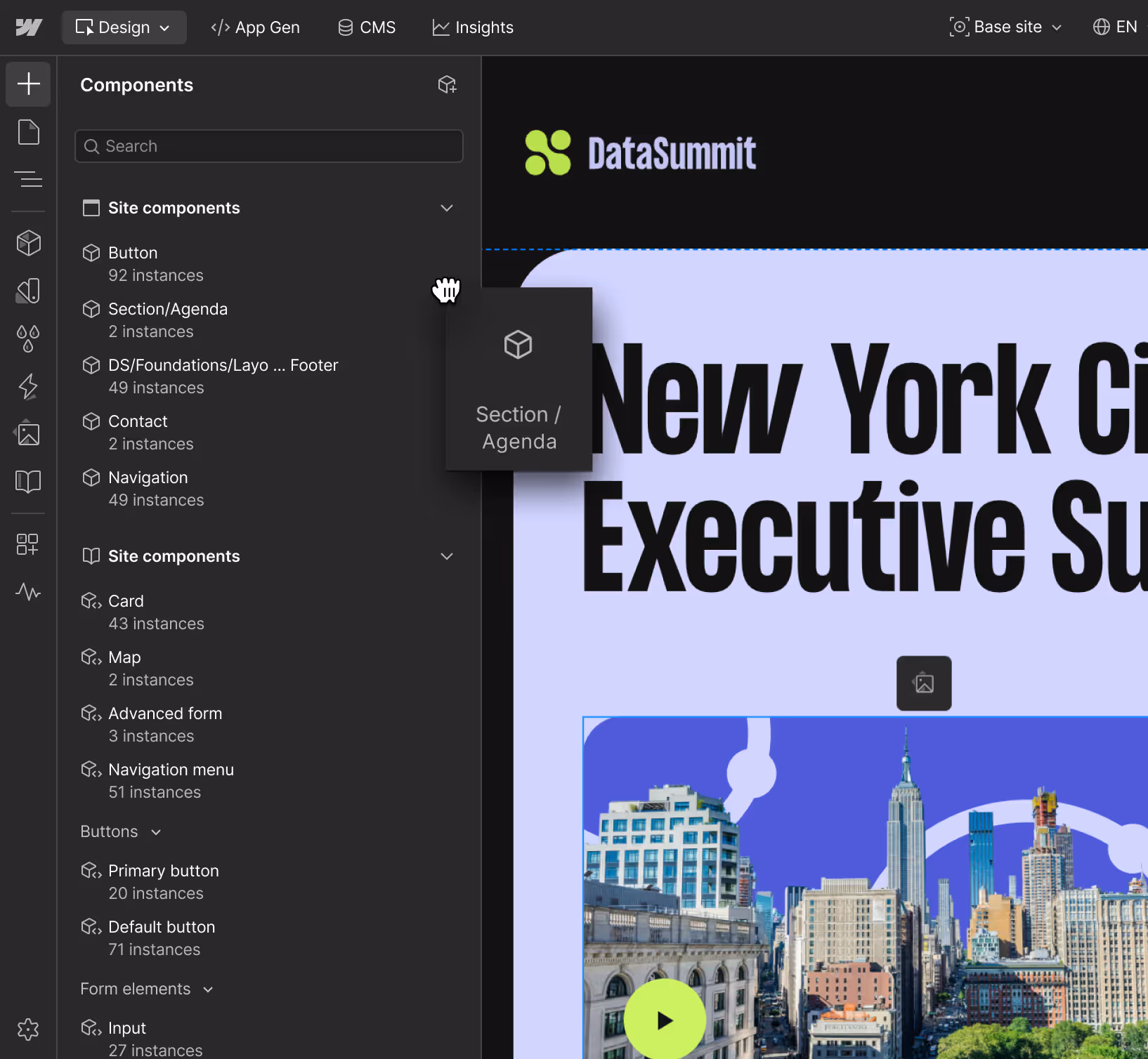 Screenshot of the Webflow interface showing the components panel on the left and a webpage preview on the right.