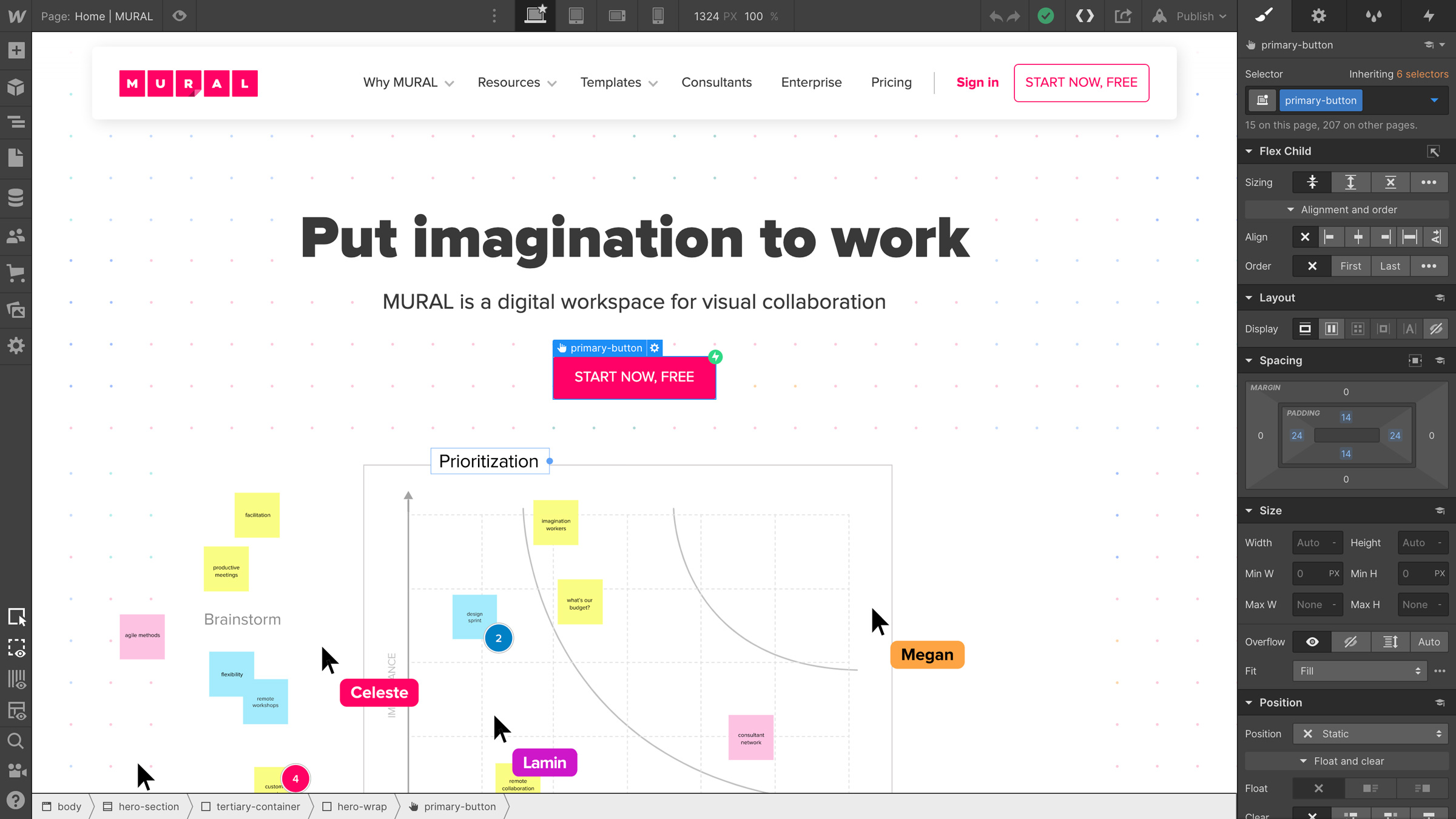 Mural's homepage in the Webflow Designer.