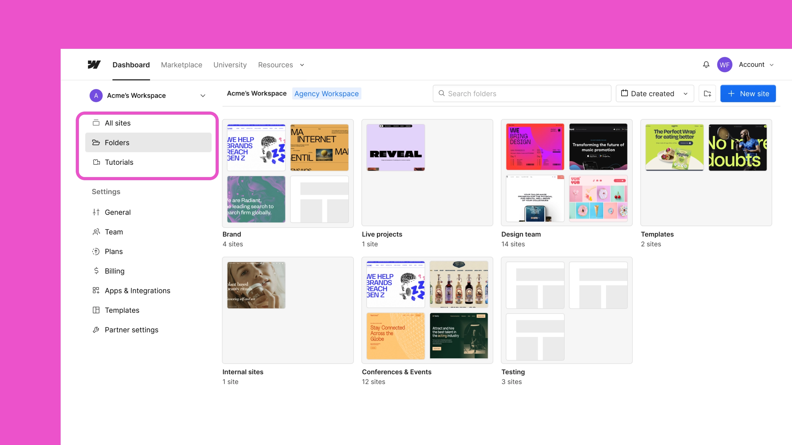 Folders are now their own page in the Webflow Dashboard