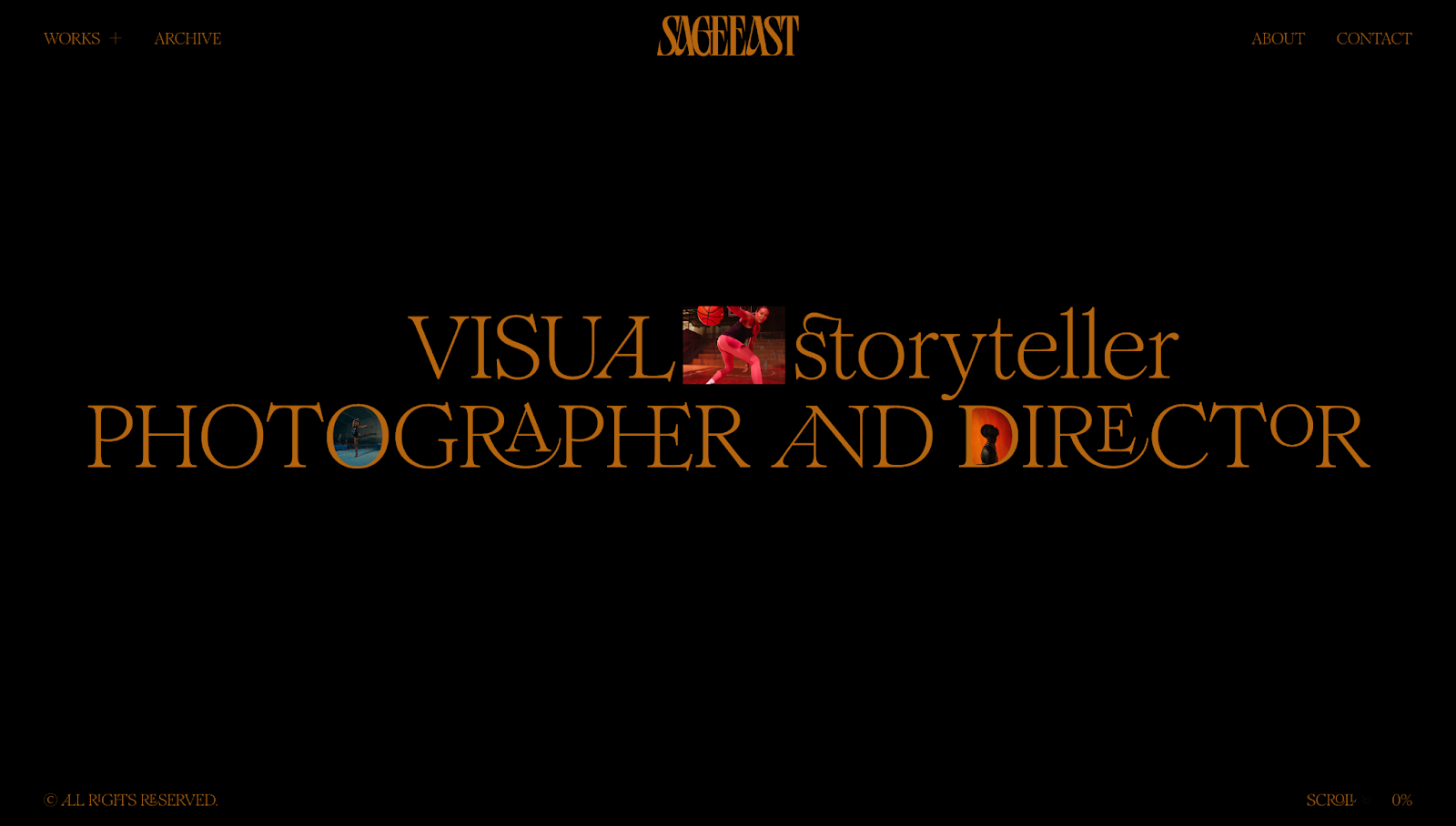 Sage East’s website has the orange text “Visual Storyteller, Photographer and Director” against a black background.