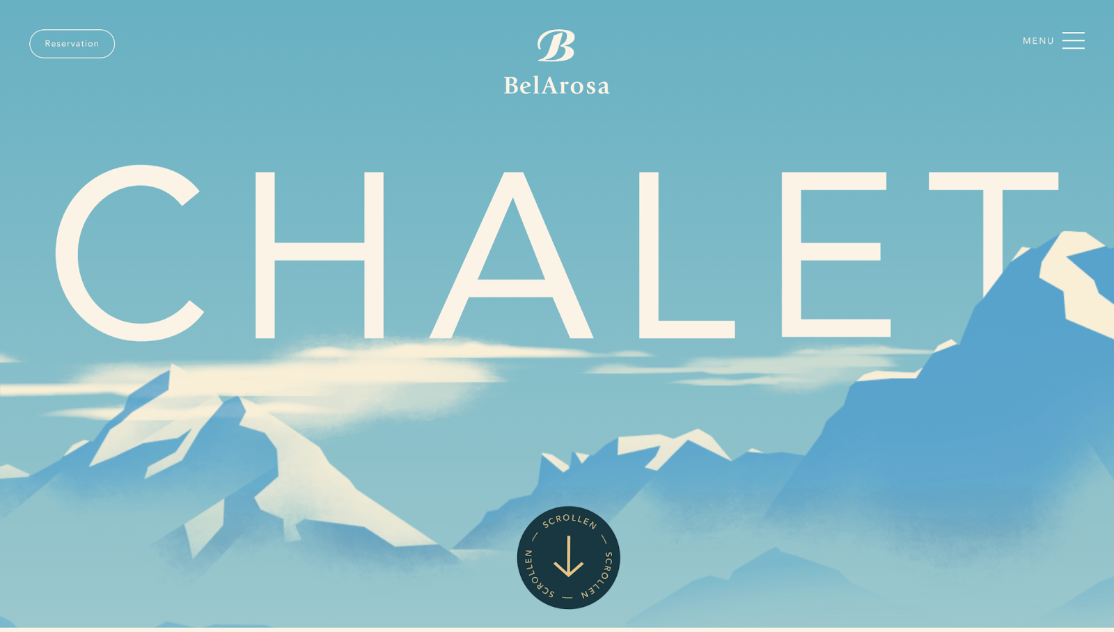 BelArosa Chalet’s website shows an illustrated image of the mountains with the text “Chalet” in the center.