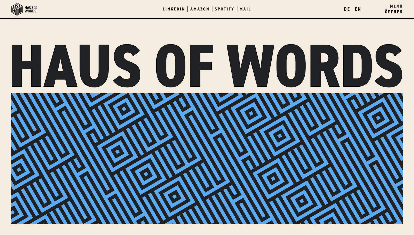 Haus Of Words’ website has the text “Haus Of Words” in black with a blue-and-black maze-like design beneath it.