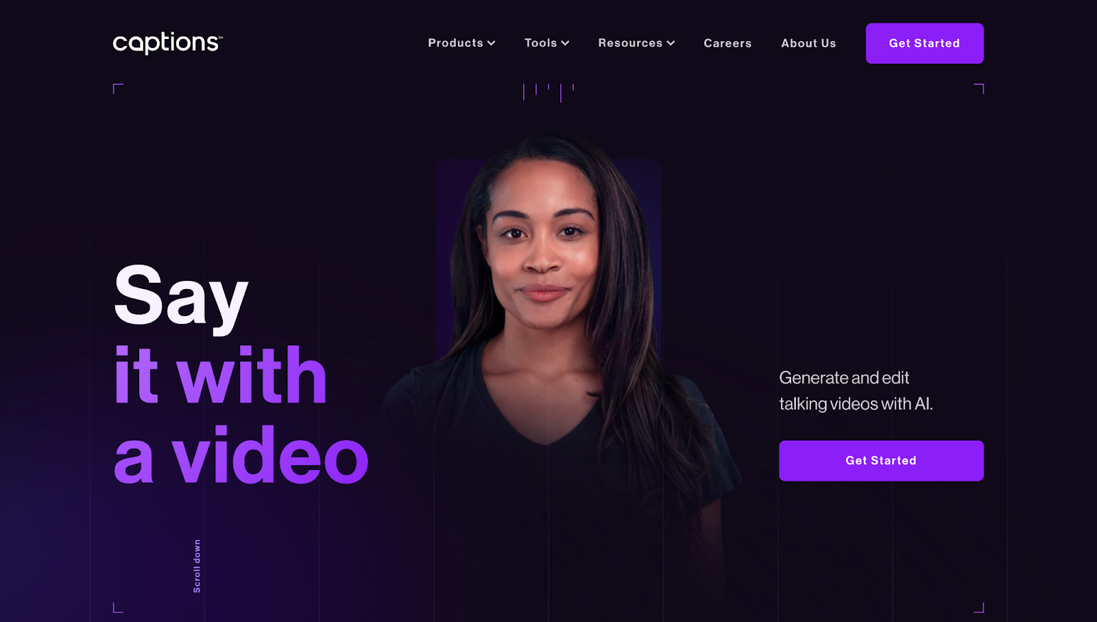Captions’ website has a dark theme with a central character surrounded by white and purple design accents.