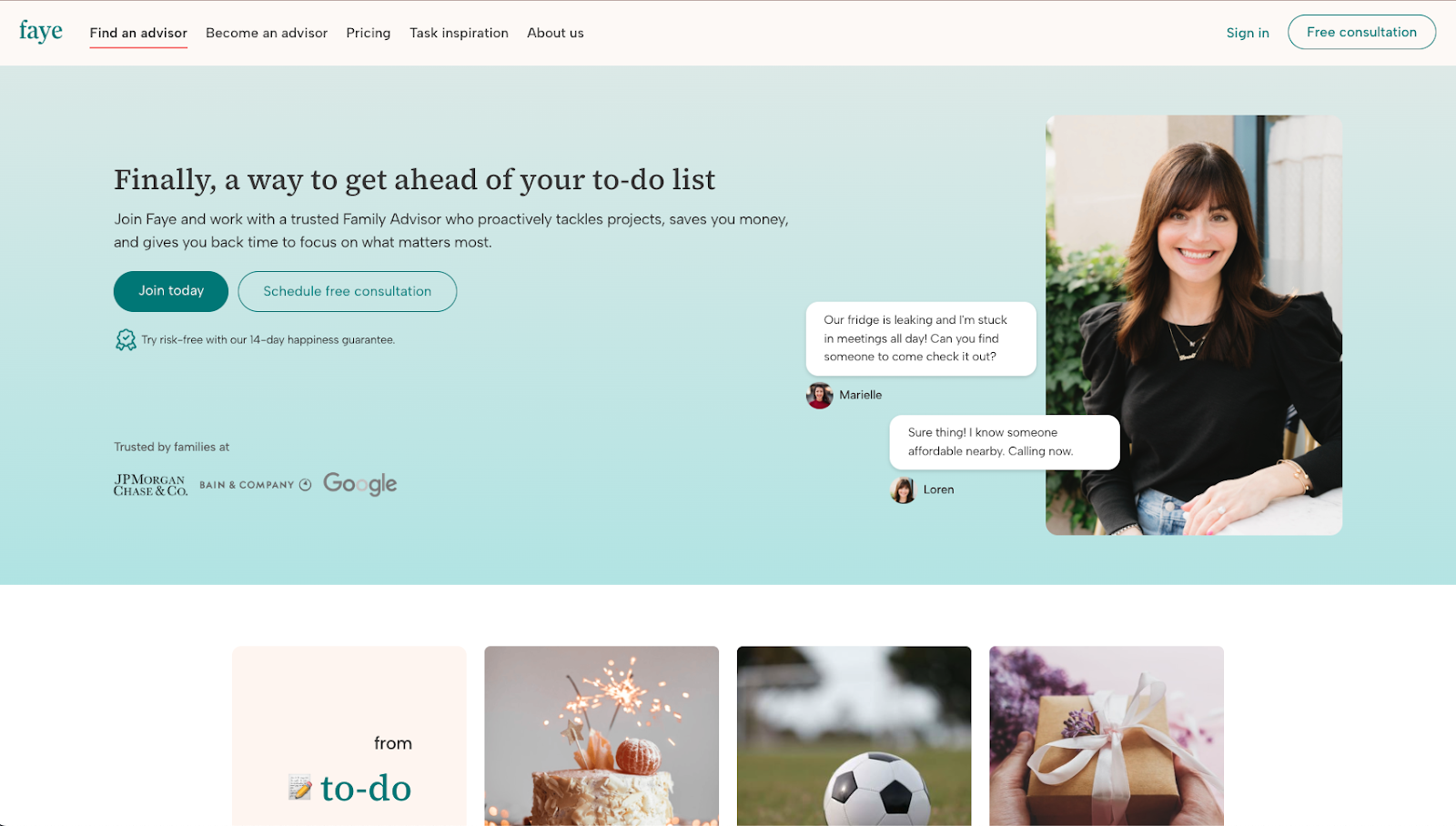 a screenshot of faye's website with certain items cut off to entice the user to scroll down the page to learn more