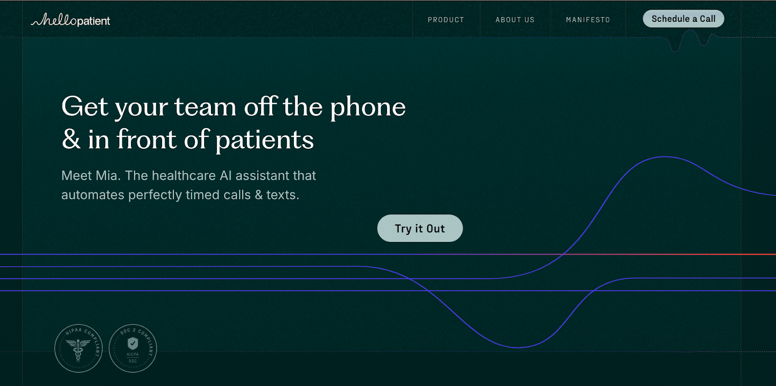 Screen capture of Hello Patient's homepage featuring value prop text and a dark green background with blue wavy lines