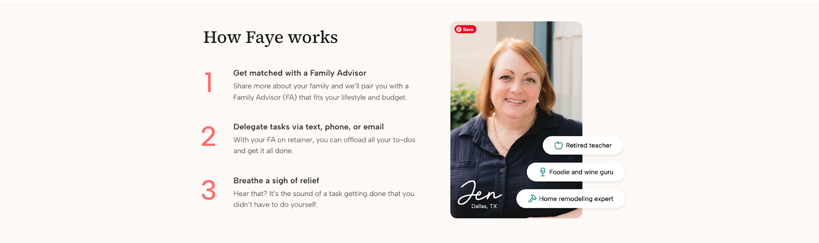 an image of a woman depicted as a Family Advisor with three clear steps written out describing how Faye works