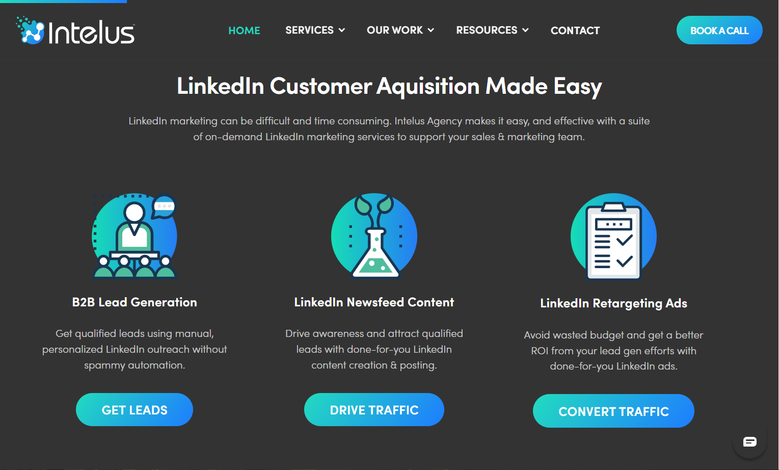 Intelus Agency homepage showing a consistent color scheme in the icons, CTA buttons, and progress bar.
