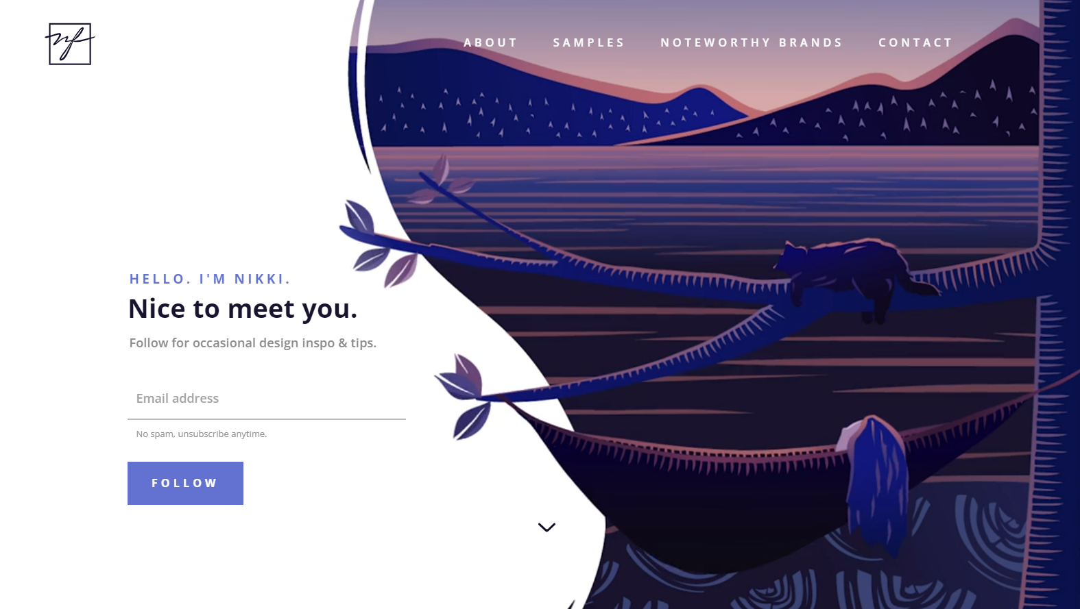 Nikki Foster’s design portfolio homepage, showing a newsletter sign-up field and a still from an animation of a woman lying in a hammock near a cat.