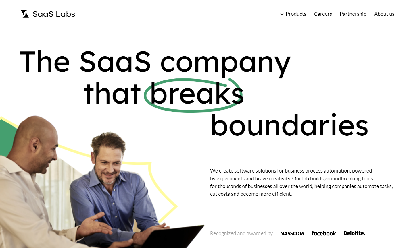 SaaS Labs homepage showing the NASSCOM, Facebook, and Deloitte logos at the bottom.