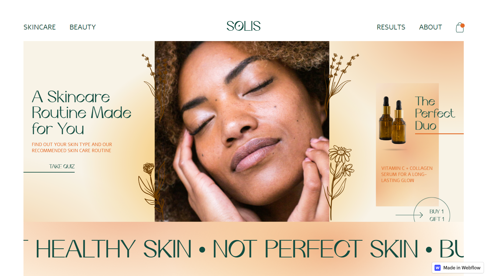 Homepage of Solis website showing a woman with normal, healthy-looking skin with her eyes closed and looking content.