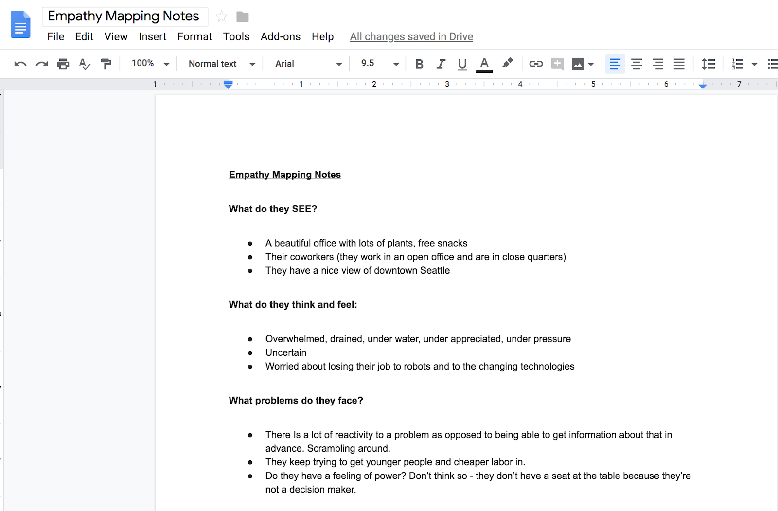 Google doc titled, "Empathy Mapping Notes" with headers like, "What do they SEE?" and "What do they think and feel?"