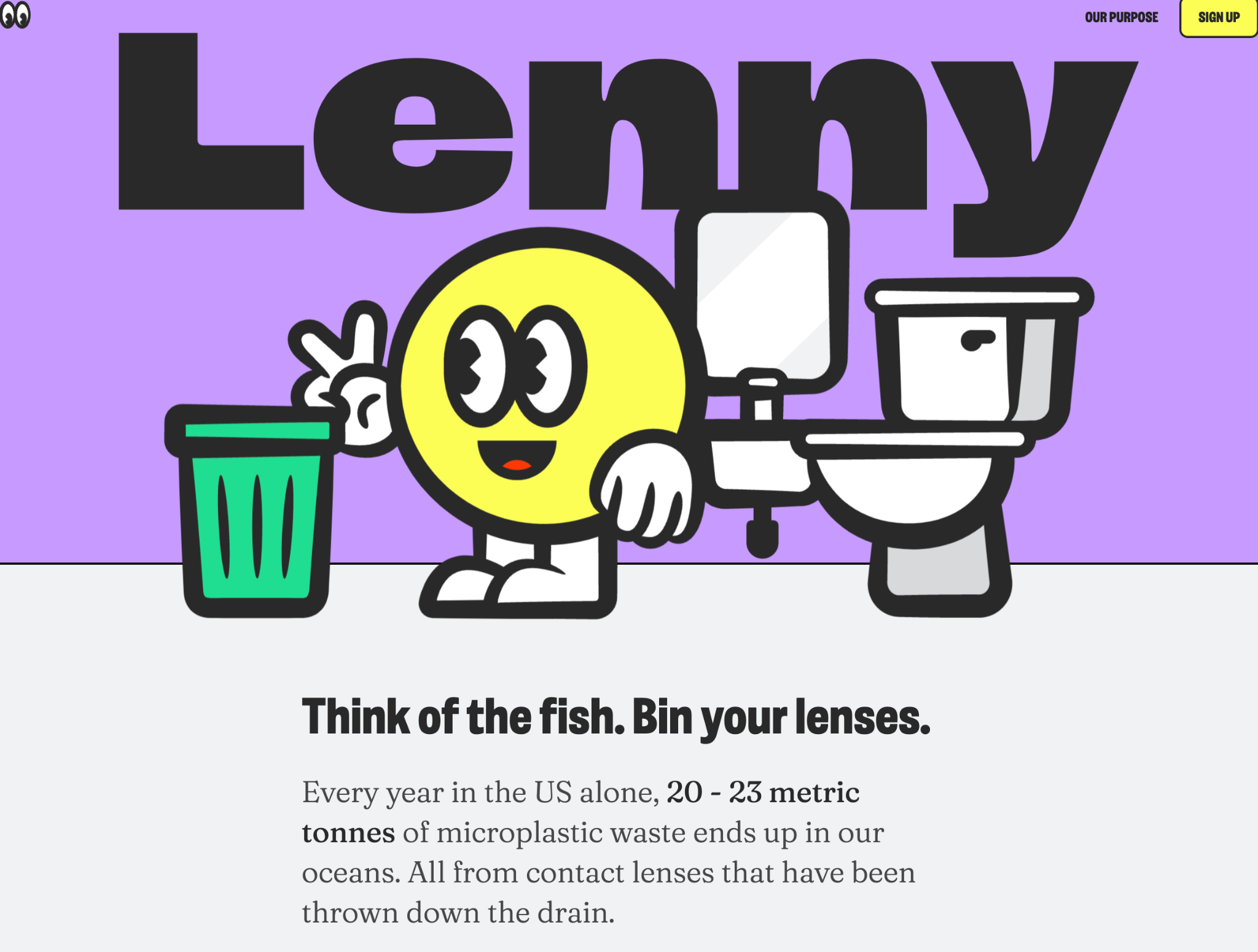 The Lenny Contacts microsite, featuring a fun illustration of a yellow smiling emoji person (presumably a contact lens come to life) facing a trash bin and facing away from a sink and a toilet.