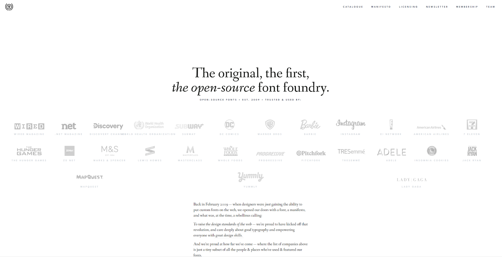 The League of Moveable Type homepage starts with a headline reading “The original, the first, the open-source font foundry.”