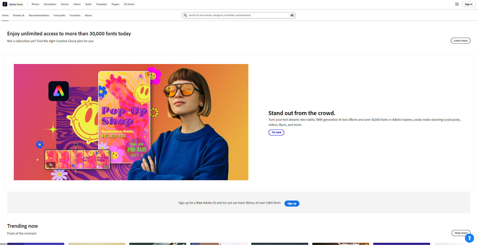 The Adobe Fonts homepage starts with the headline “Stand out from the crowd” next to an image of a woman and psychedelic designs.