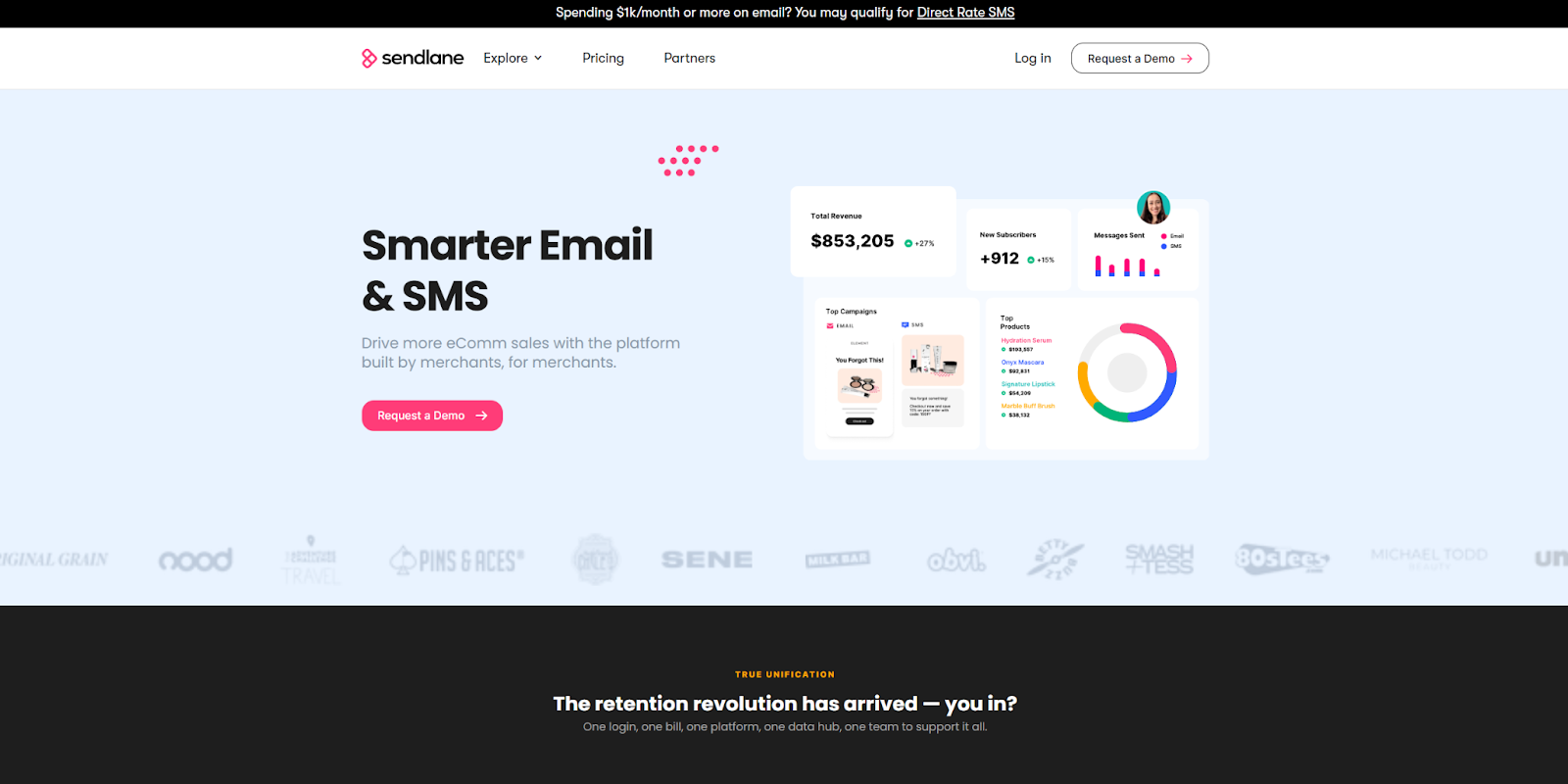 The Sendlane homepage starts with the headline, “Smarter Email & SMS,” next to screenshots of email analytics.