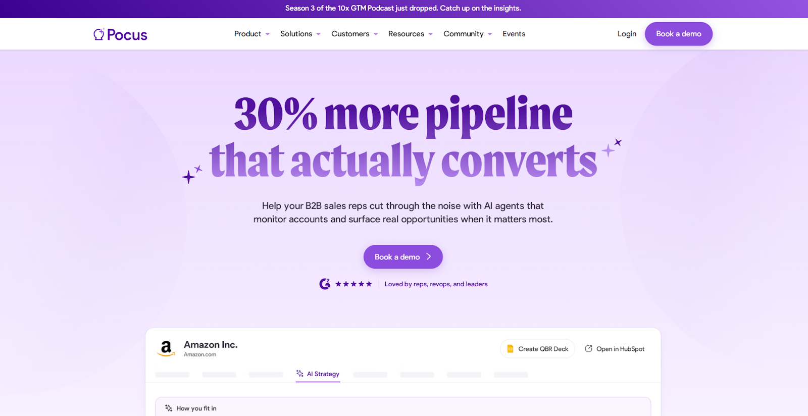 The Pocus homepage begins with the gradient purple headline, “30% more pipeline that actually converts.”