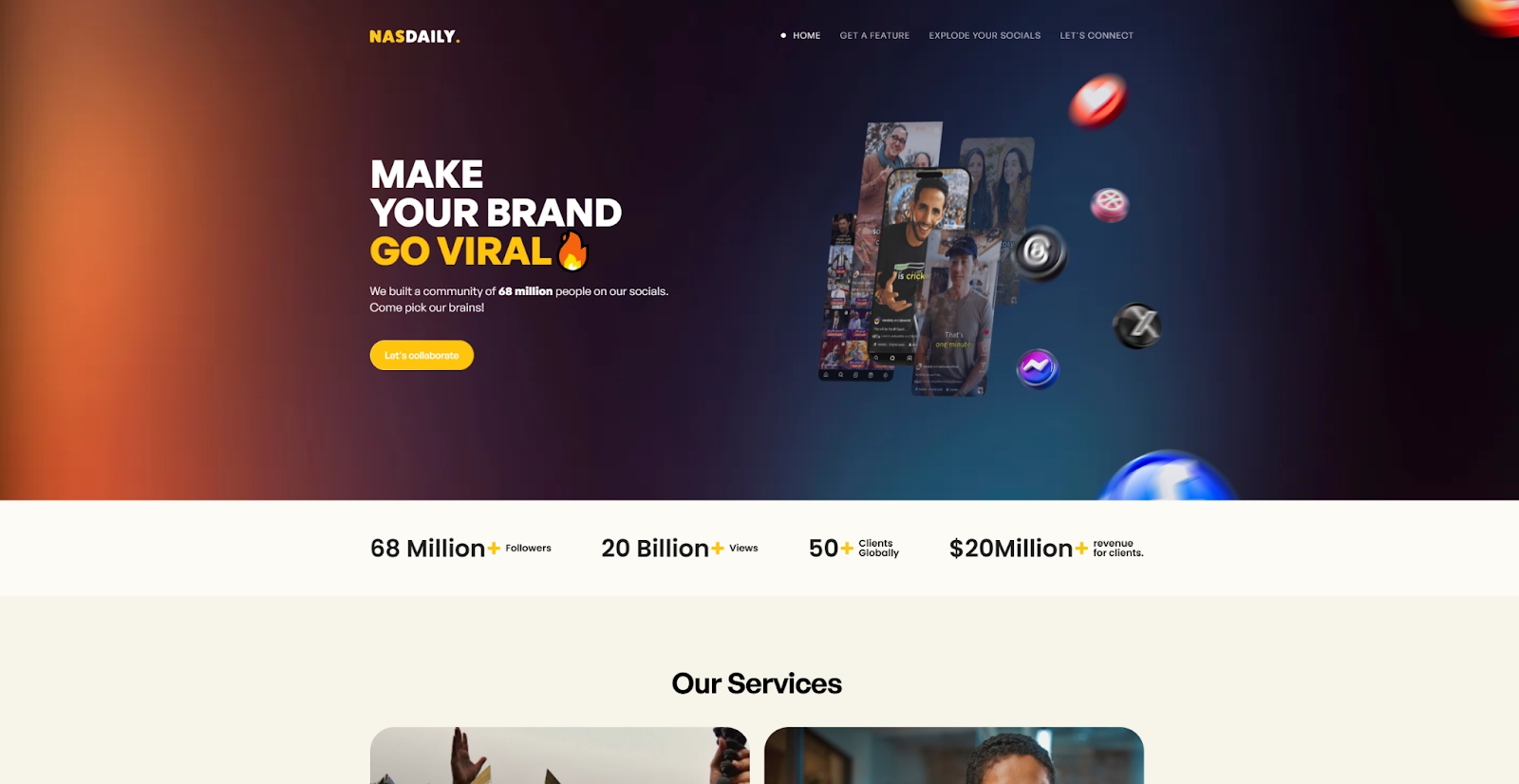 The Nas Studios homepage begins with the headline “Make your brand go viral,” beside floating images of social media videos and icons.