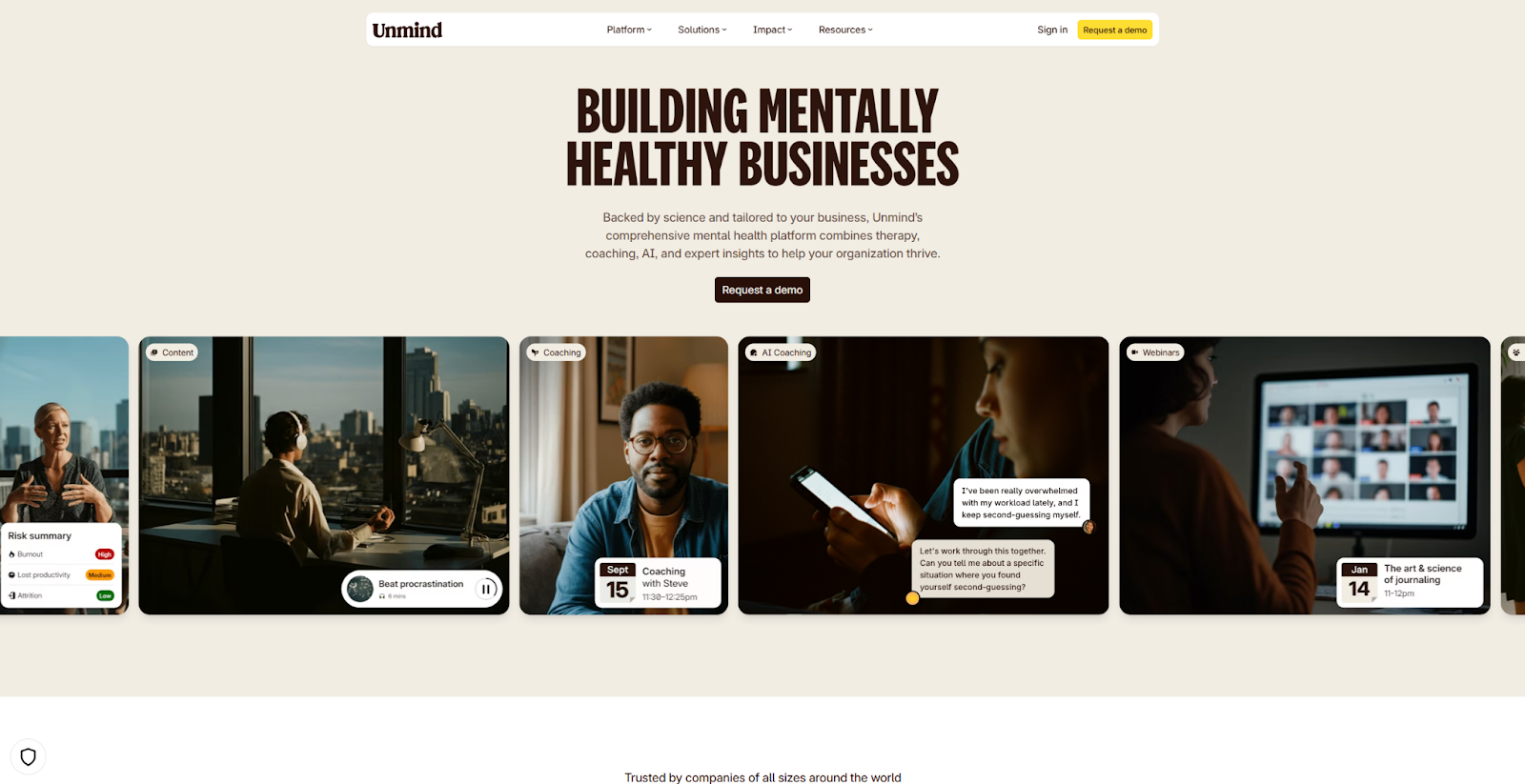 The Umind homepage begins with the headline “Building mentally healthy businesses,” above an image gallery of people.