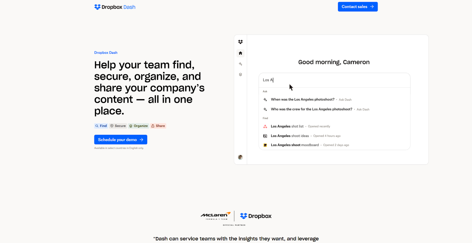 The Dropbox Dash website begins with the headline, “Help your team find, secure, organize, and share your company’s content — all in one place,” next to a screenshot of the tool in action.