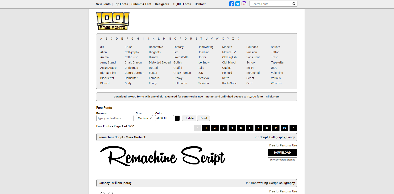 The 1001 Free Fonts homepage starts with a list of categories followed by a page of fonts.