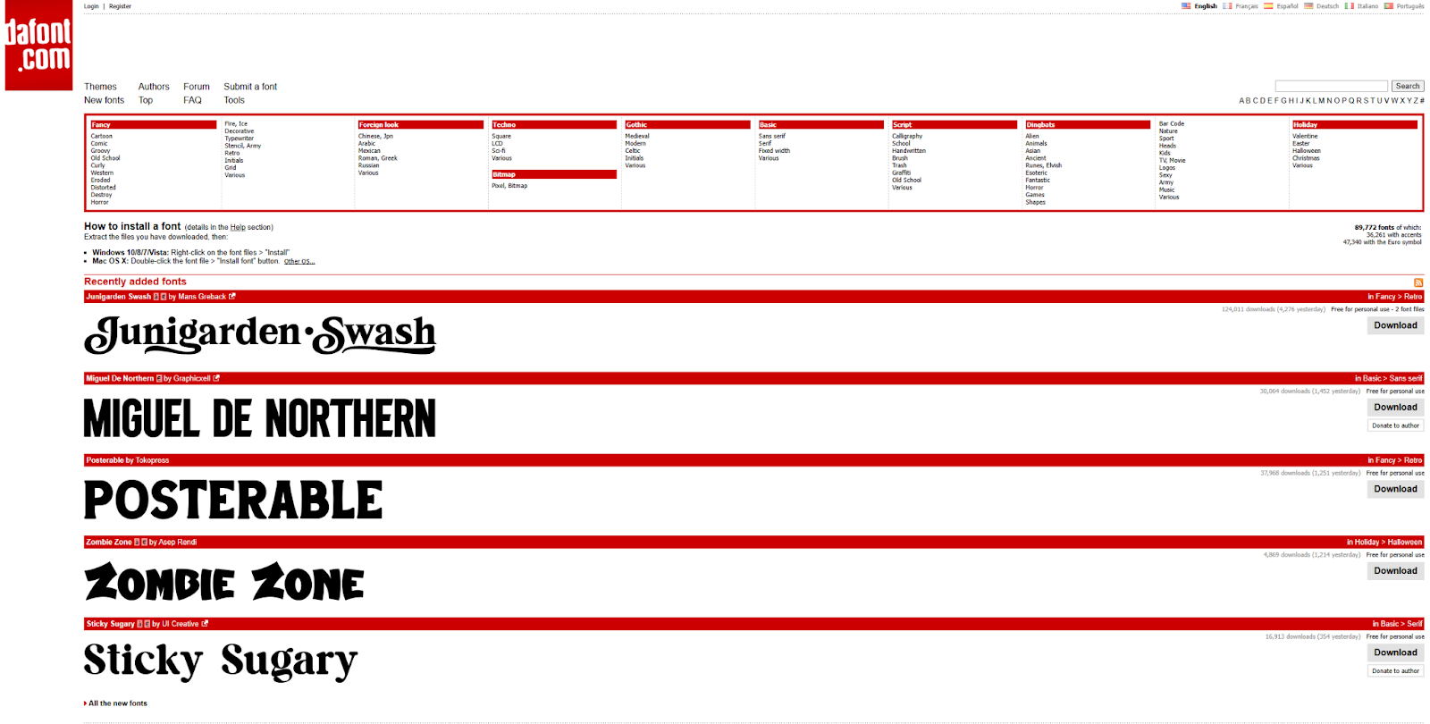 The DaFont homepage shows a list of new fonts on their marketplace.