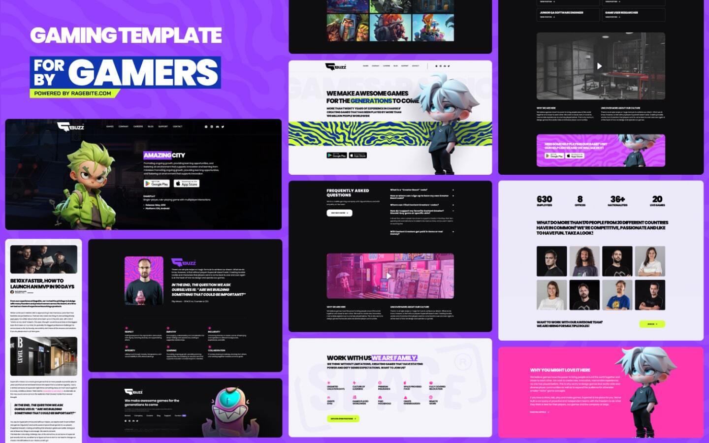 A collection of web page templates that use bold colors and quirky, video game-themed characters.