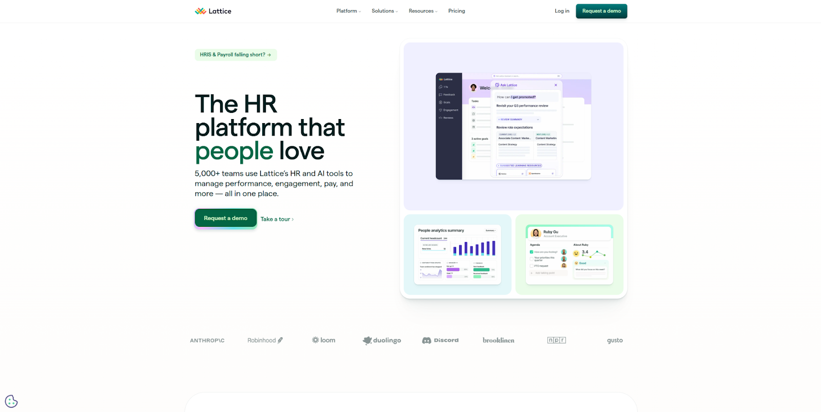 The Lattice homepage begins with the headline, “The HR platform that people love,” followed by a list of organizations that use it and screenshots of the tool.