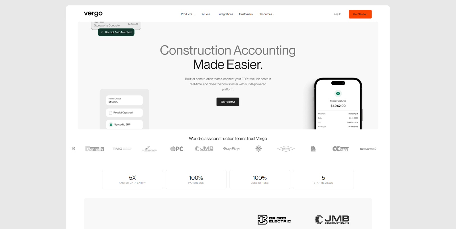 The greyscale Vergo Bank homepage begins with the headline, “Construction Accounting Made Easier.”
