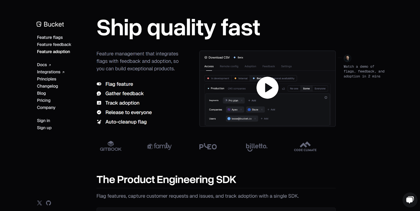 The Bucket homepage starts with the high-contrast headline, “Ship quality fast.”