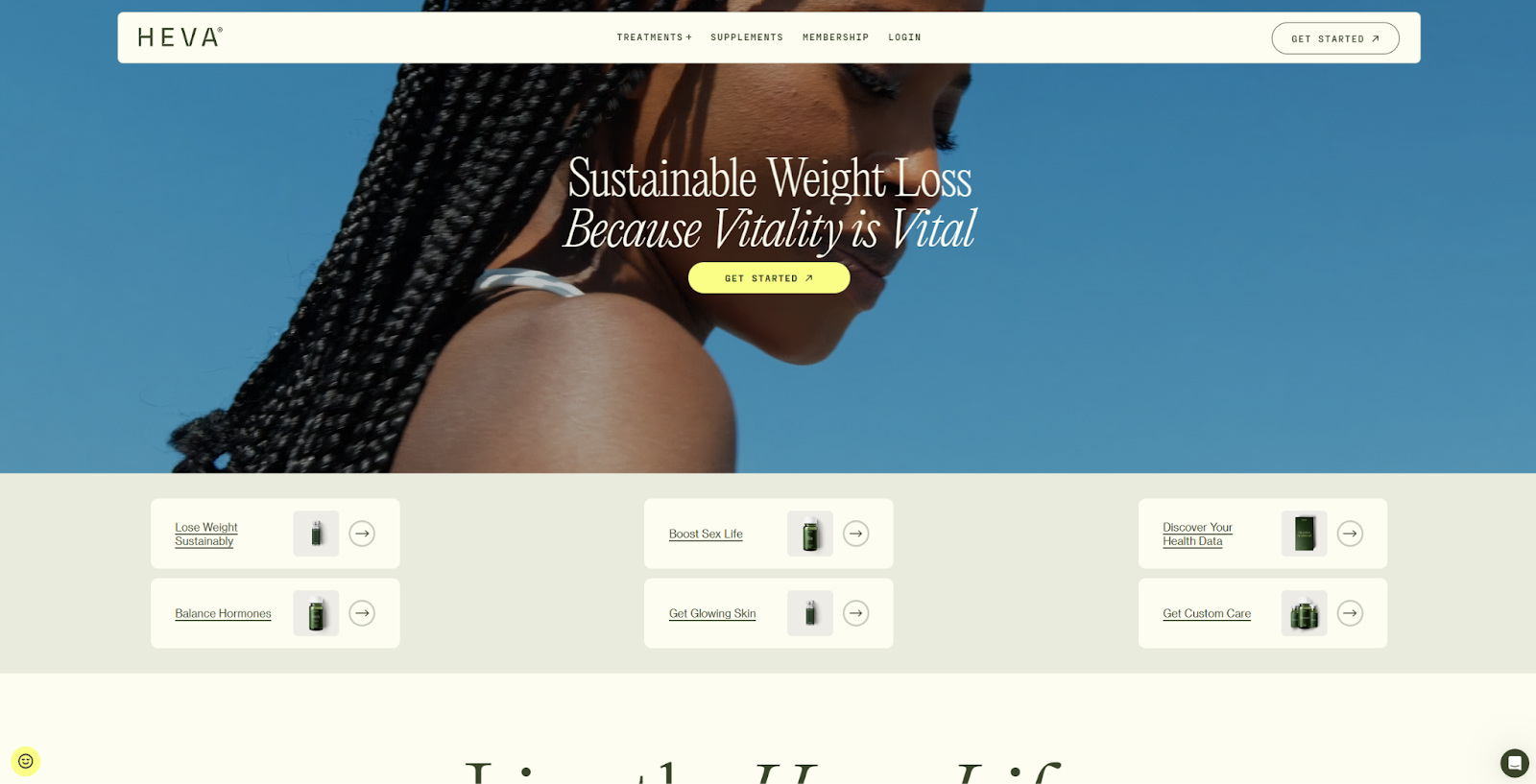 The Heva Health website begins with a video of someone doing yoga beneath the headline, “Sustainable weight loss because vitality is vital.”