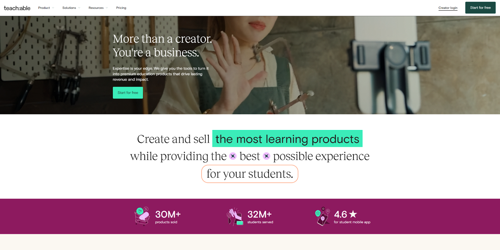 The Teach:able homepage begins with the headline “More than a creator. You’re a business,” over an image with a text CTA below it.