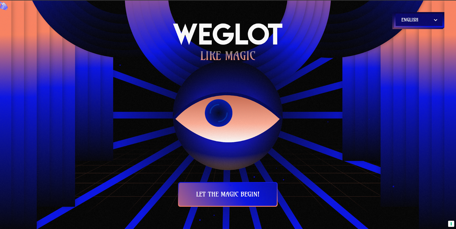 The Weglot Like Magic homepage features an eye floating above a button to “Let The Magic Begin!”