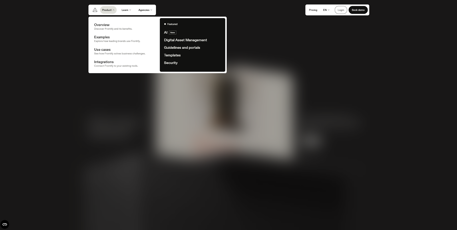 The Frontify homepage is blurred except for the navigation menu at the top left.