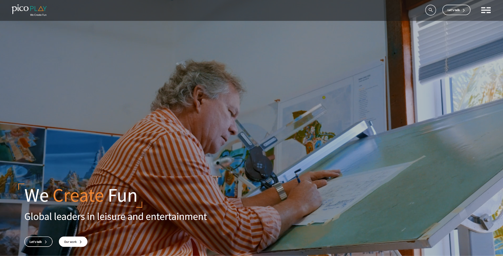 The Pico Play website begins with the headline “We Create Fun" over a video featuring someone at a drafting table.