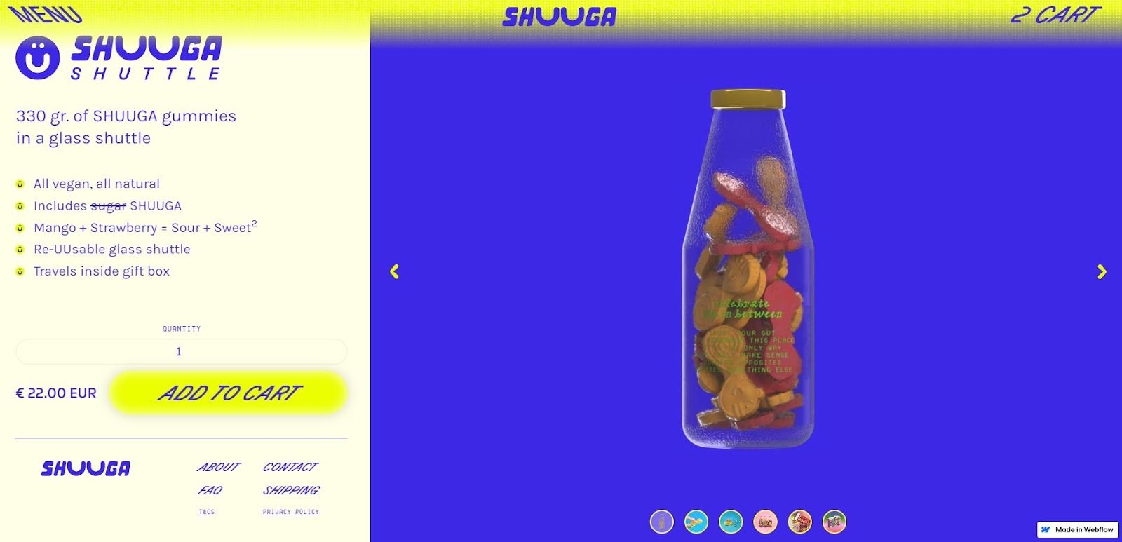 The SHUUGA website shows the number of items in the shopping cart at the top right.
