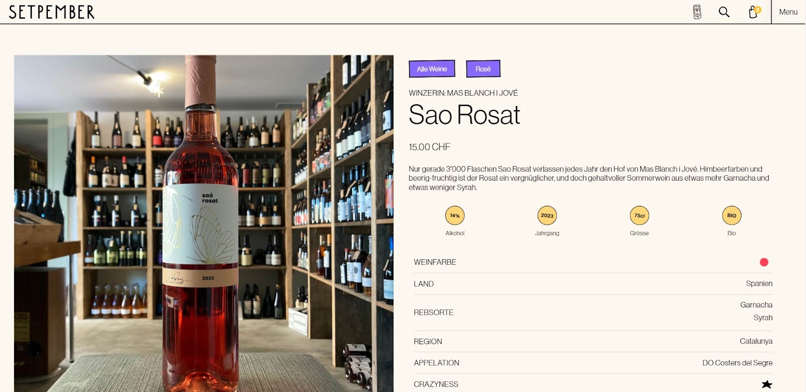 The Setpember website has a shopping cart icon in the top-right corner of the page.