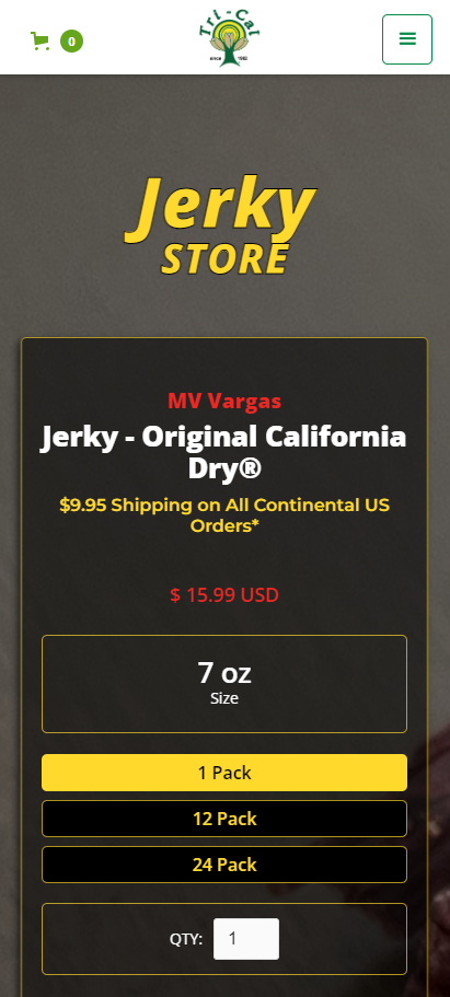 This beef jerky product description uses large UI buttons to create a mobile-friendly design.