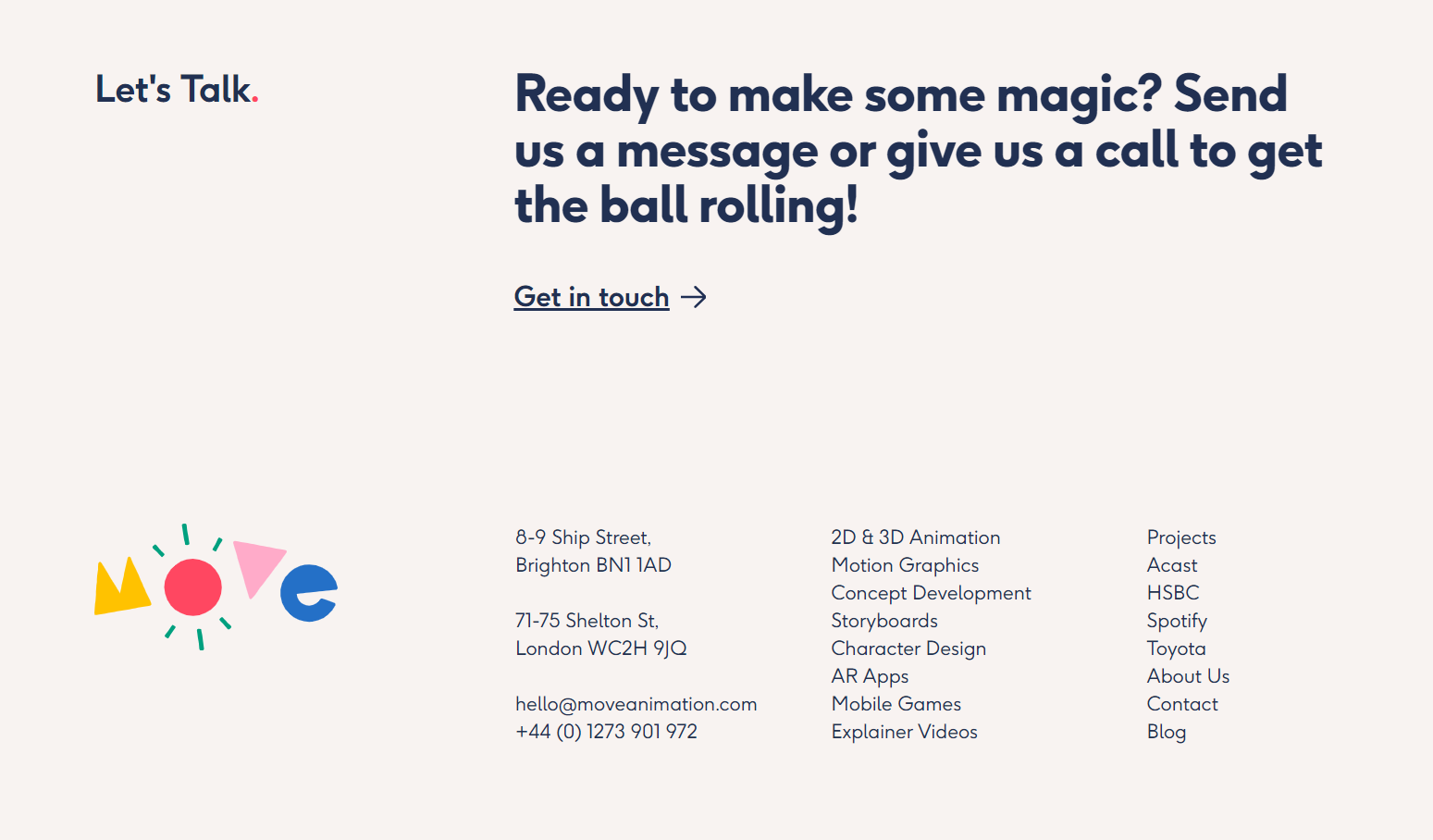 Move Animation Studio contact page, with the text “Let’s talk. Ready to make some magic? Send us a message or give us a call to get the ball rolling!”