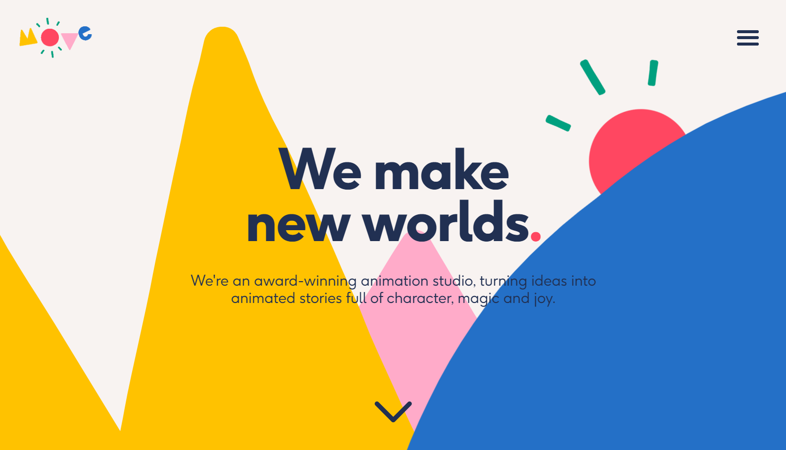 Move Animation Studio’s homepage shows a colorful, abstract landscape drawing created by the letters in their logo. The text on the center of the page says, “We make new worlds. We’re an award-winning animation studio, turning ideas into animated stories full of character, magic and joy.”