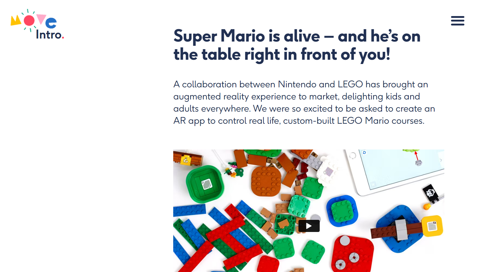 Section of Move Animation Studio website describing their collaboration with Nintendo and LEGO, with the title “Super Mario is alive — and he’s on the table right in front of you!”