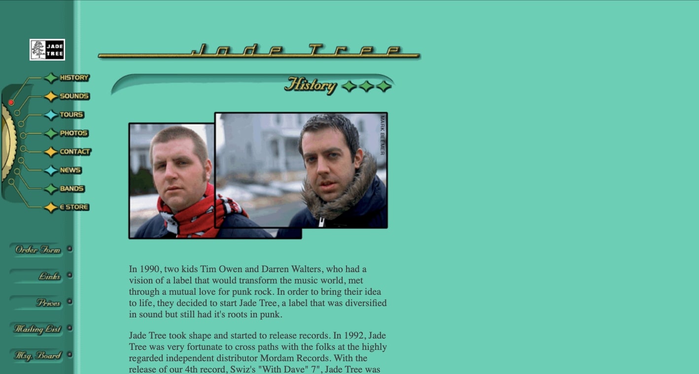 Screenshot of Jade Tree website in 1998. Skueomorphism example, showing a 1940s aesthetic with interface that looks like a Bakelite radio. 