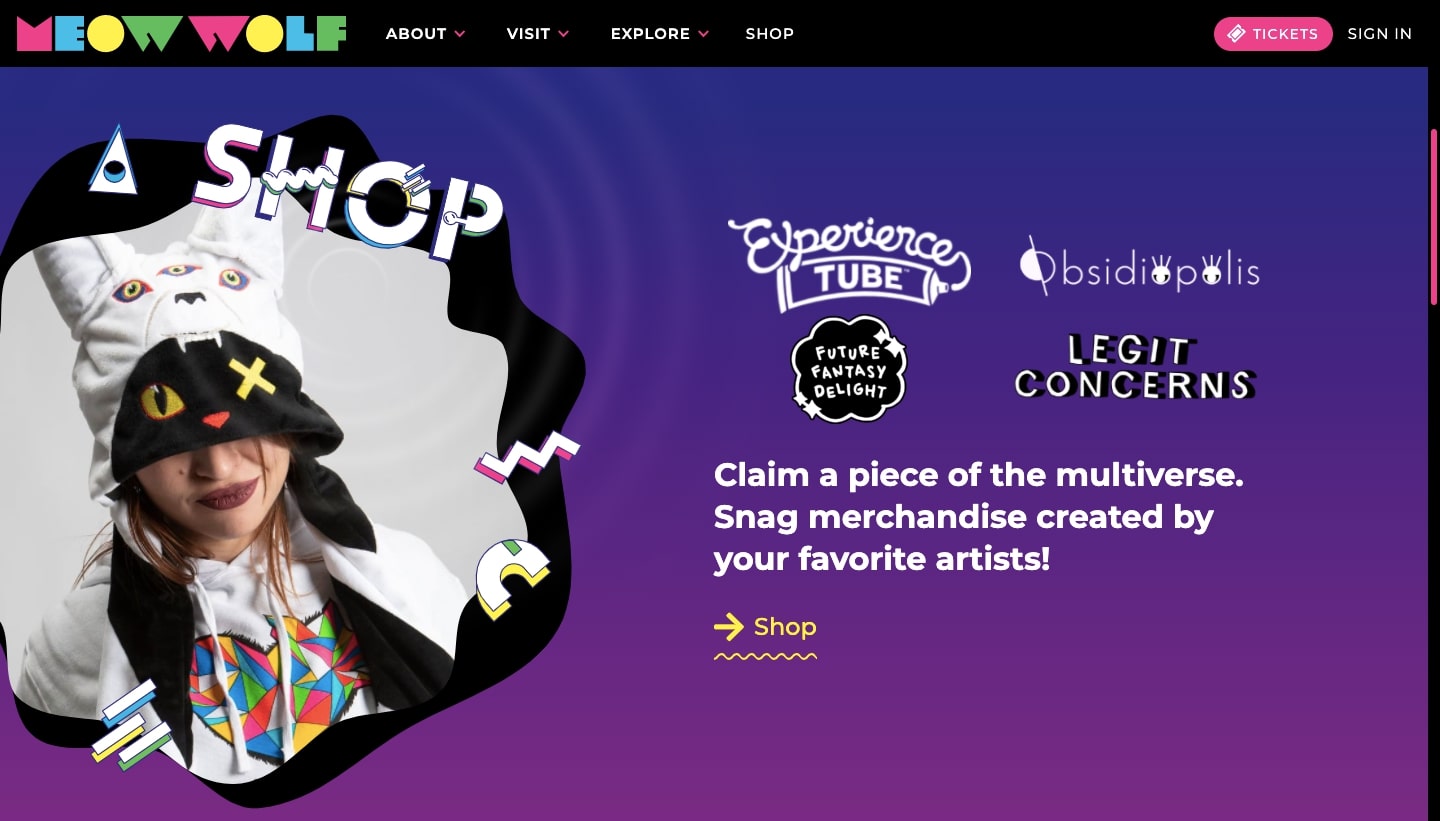 Screenshot of Meow Wolf homepage demonstrating maximalist design