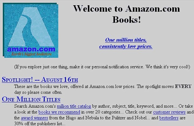 Dated Amazon text-based homepage with pixelated fonts and images on a grey background with blue hyperlinks