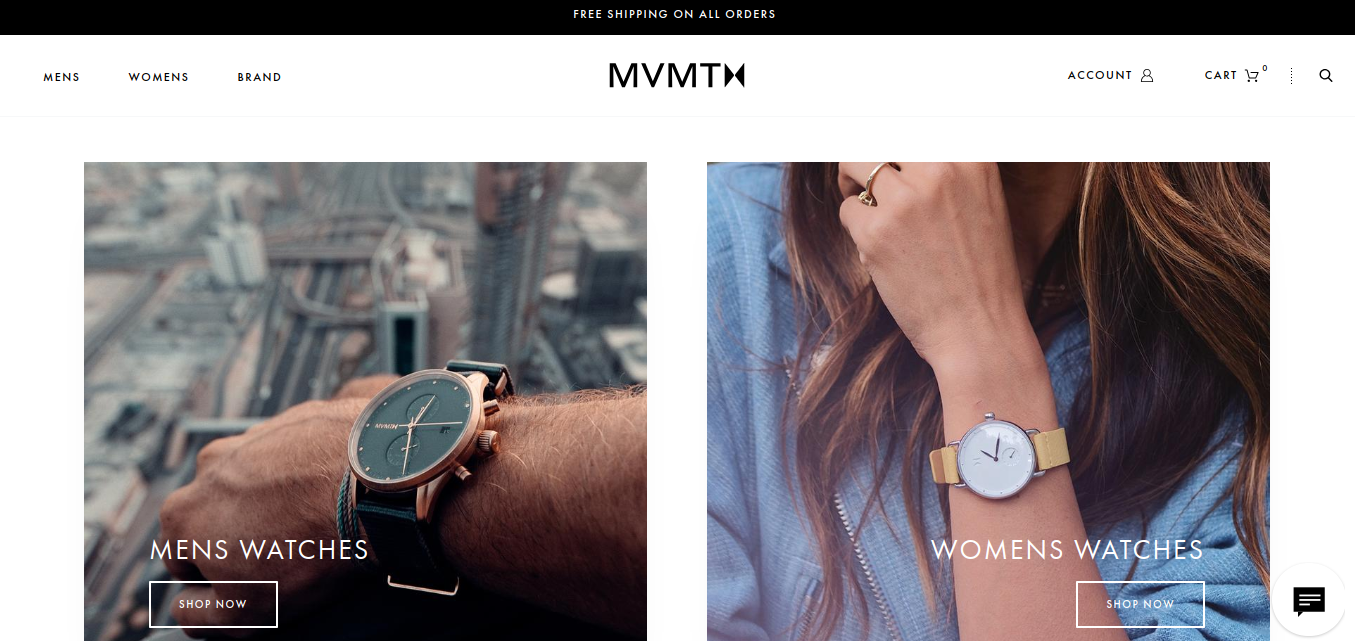MVMT homepage broken into two colums, each featuring an image of someone wearing a watch and each with a "shop now" button