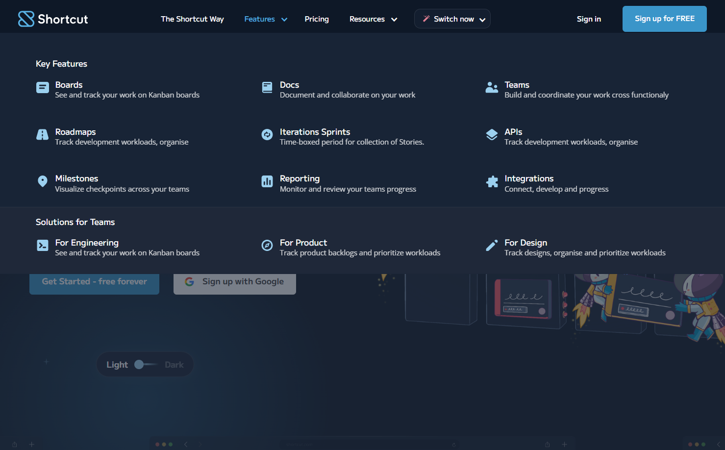 Shortcut’s features mega menu.