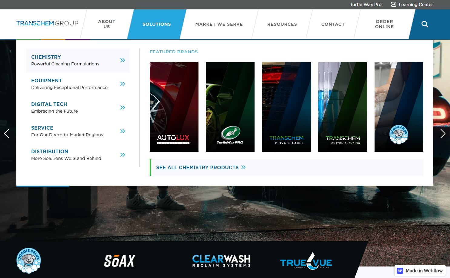 Transchem Group’s solutions mega menu.