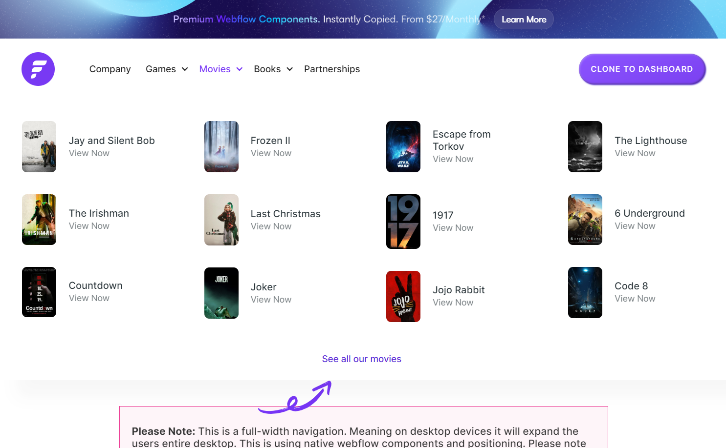 Flowbase Webflow Mega Navigation page.