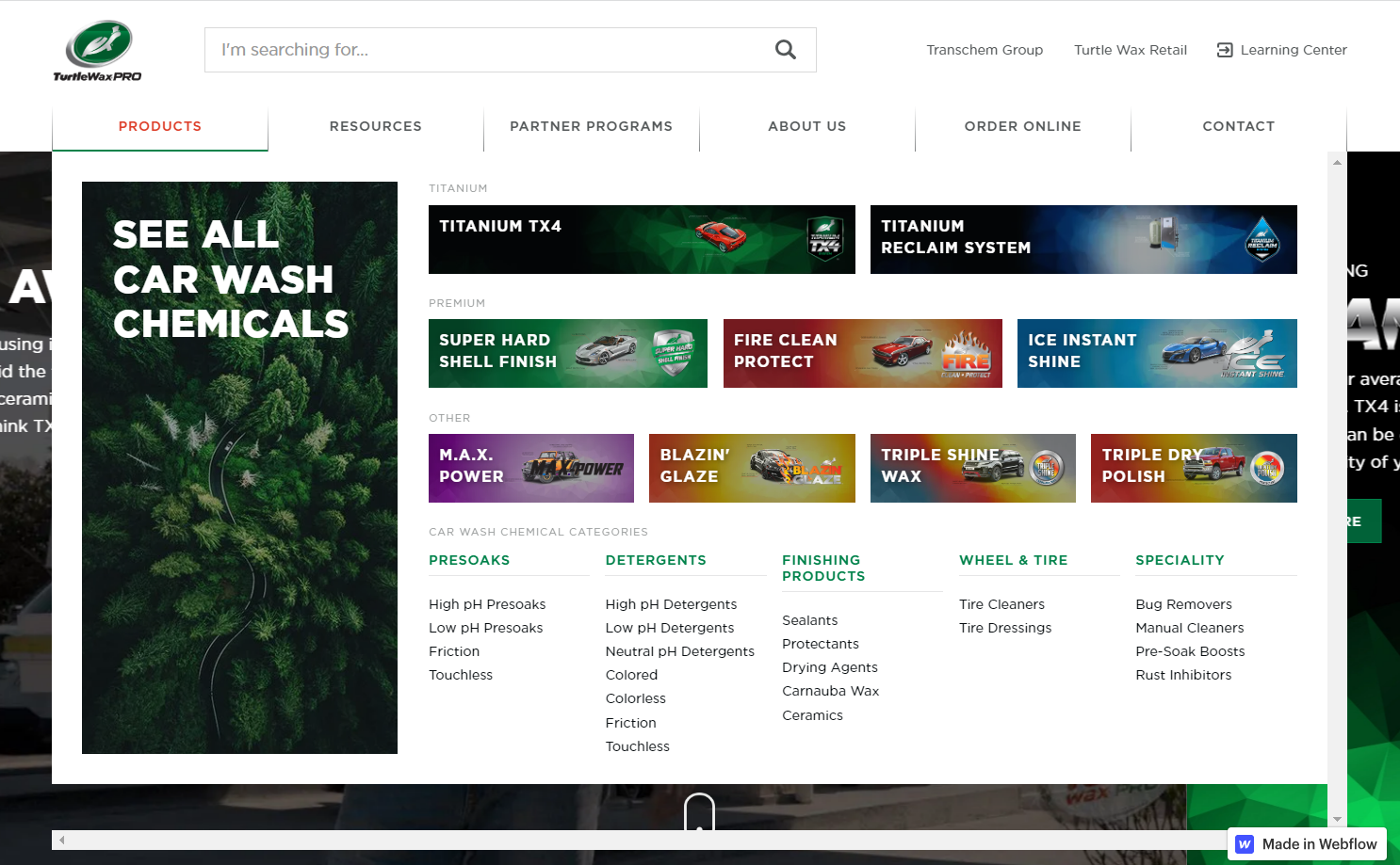 Turtle Wax Pro’s mega menu.