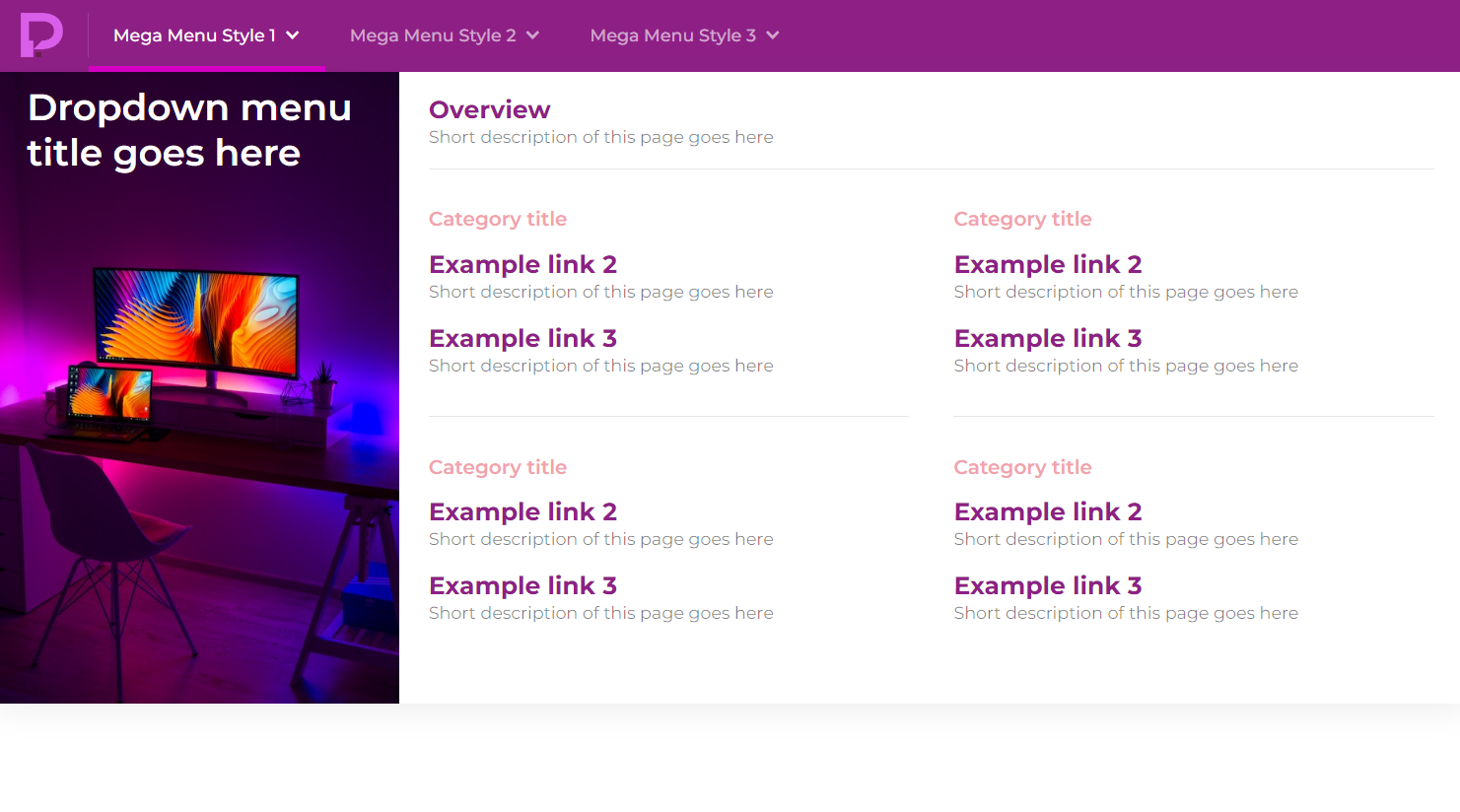 Pixel Geek’s purple cloneable mega menu.