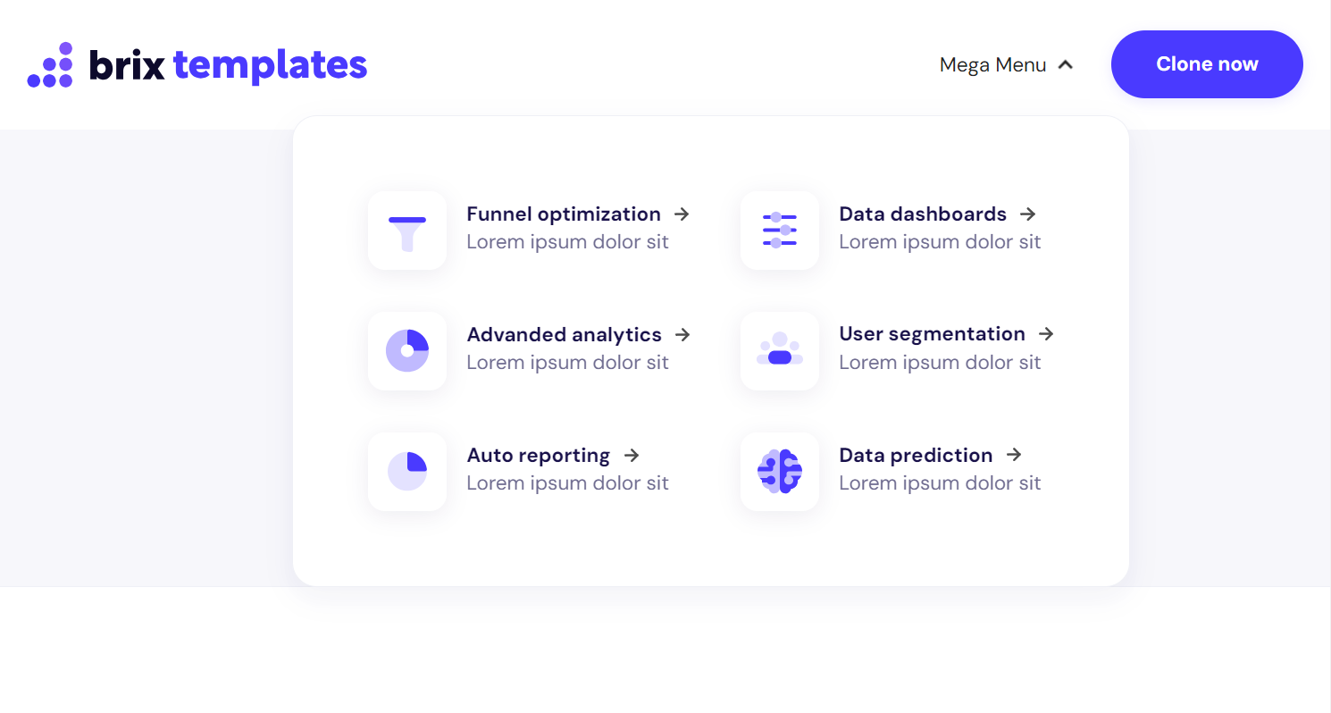 Brix Templates cloneable mega menu v2 with large icons.
